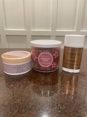 Bath & Body Works Champagne Toast SET-NEW-3-Wick Candle/ Body Butter/Deoderant